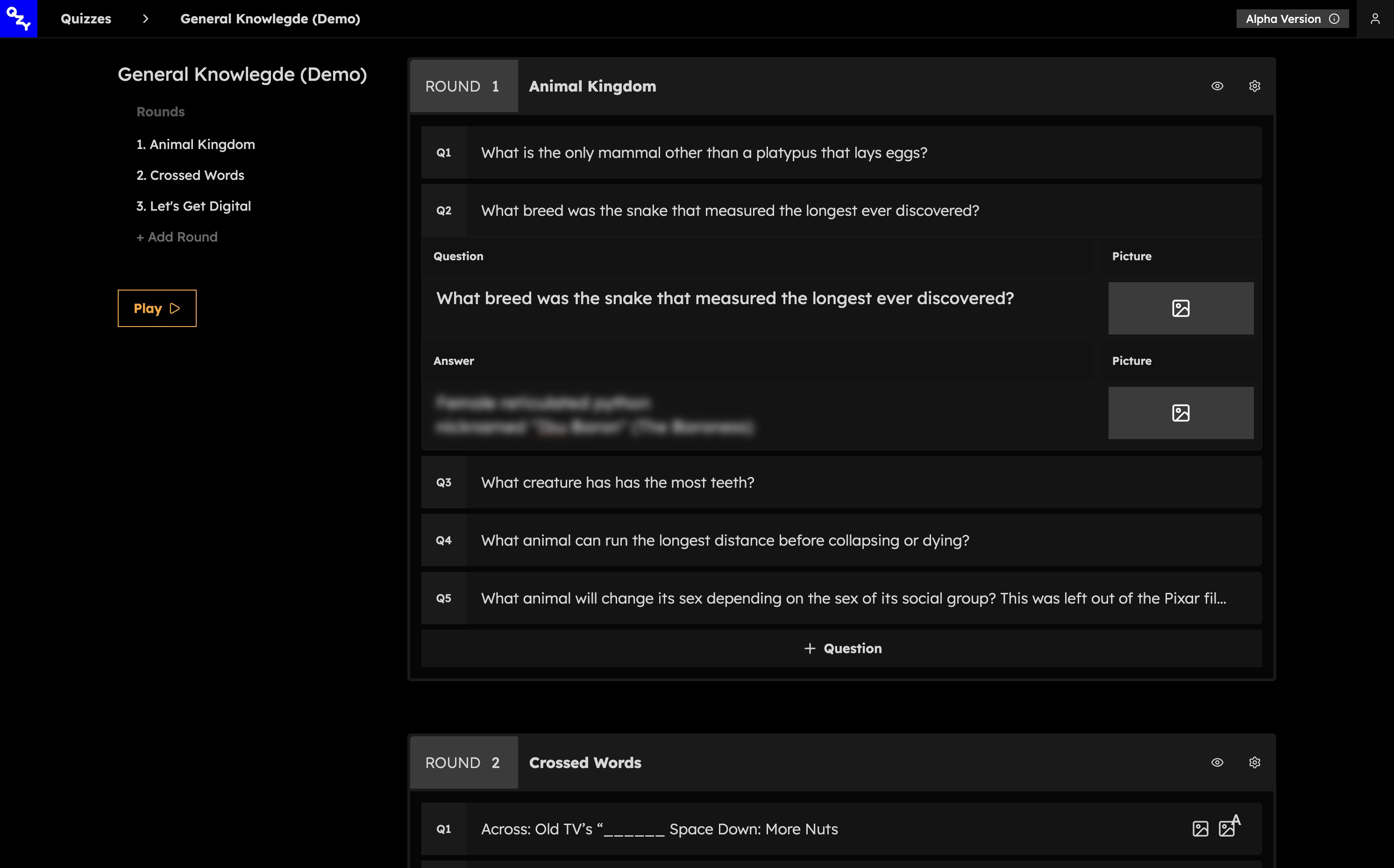 Screenshot of creating your own quiz